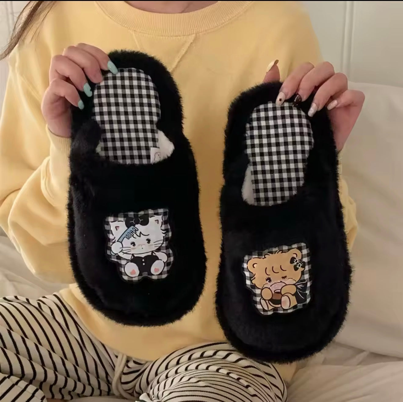 Mikko illustrations Black Fluffy Slippers