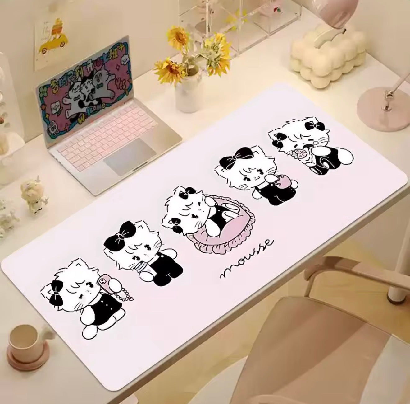 Mikko illustrations Mousse in Black Large Desk Mat