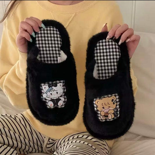 Mikko illustrations Black Fluffy Slippers